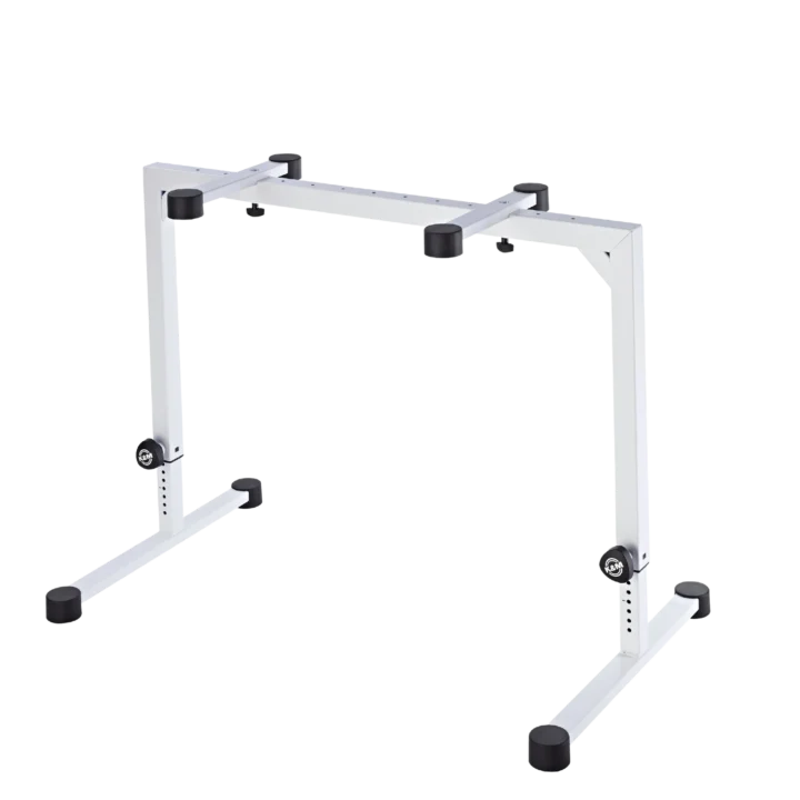 K&M table-style keyboard stand in pure white with adjustable height and stable base design