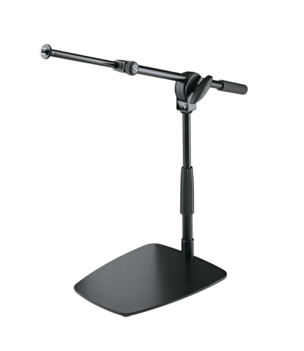 K&M tabletop floor microphone stand with short boom arm in black finish