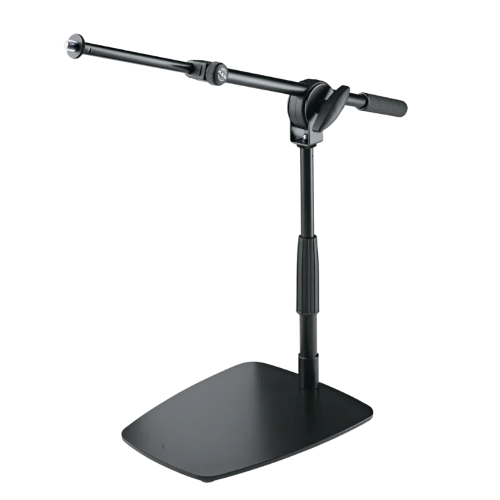 K&M tabletop floor microphone stand with short boom arm in black finish