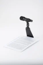 K&M tabletop microphone stand rear panel showing logo space and mounting details
