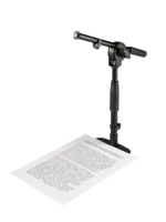 K&M tabletop microphone stand with short boom arm and weighted base, black finish