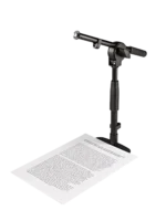 K&M tabletop microphone stand with short boom arm and weighted base, black finish