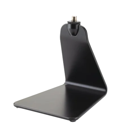 K&M black tabletop microphone stand with 5/8 inch adapter and logo space front view