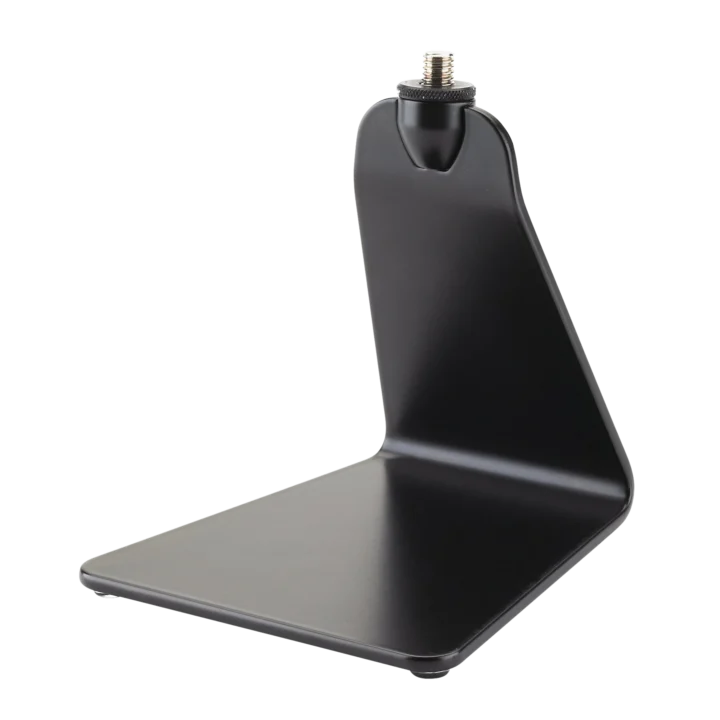 K&M black tabletop microphone stand with 5/8 inch adapter and logo space front view