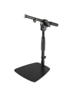 K&M tabletop microphone stand with short boom arm, black finish, front view
