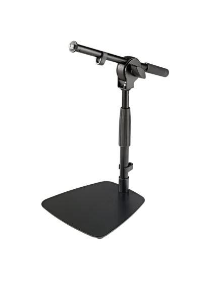 K&M tabletop microphone stand with short boom arm, black finish, front view
