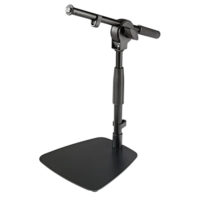 K&M tabletop microphone stand with short boom arm, black finish, front view