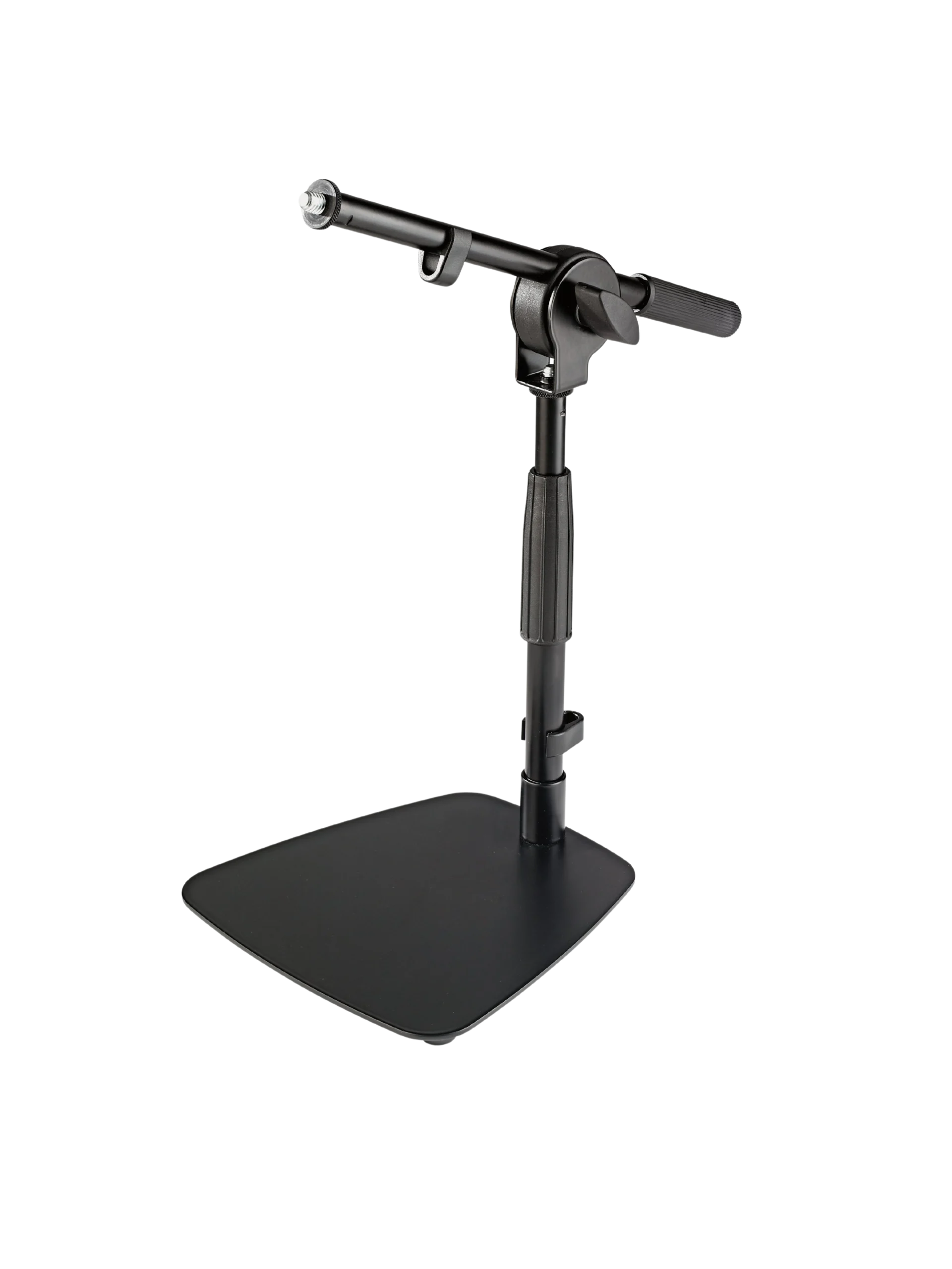 K&M Tabletop Microphone Stand Short Boom Black K&M tabletop microphone stand with short boom arm, black finish, front view