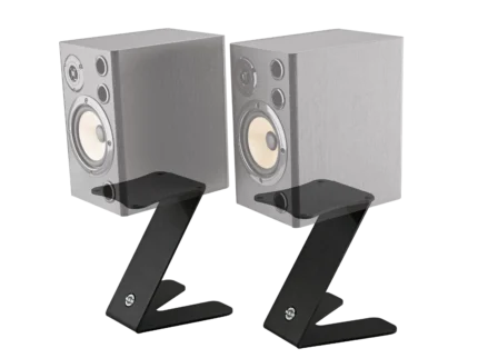 K&M tabletop monitor stand side profile showing adjustable height mechanism and stable base design