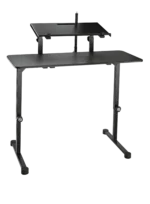 K&M black tabletop stand mounted on studio desk with microphone and audio equipment setup