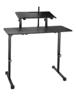 K&M black tabletop stand mounted on studio desk with microphone and audio equipment setup