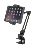 K&M tabletop tablet and smartphone holder in black, mounted on stand showing device positioning