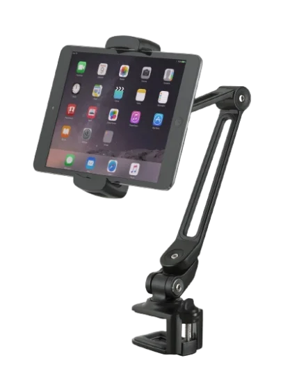 K&M tabletop tablet and smartphone holder in black, mounted on stand showing device positioning