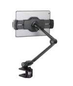 K&M tabletop tablet and smartphone holder in black, shown from side profile angle