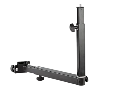 K&M universal holder black stand adapter shown from side angle with mounting bracket detail