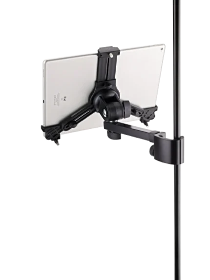 K&M universal tablet holder clamp mount with dimensional measurements and specifications diagram