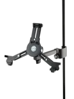 K&M universal tablet holder with black clamp-on mount, front view showing tablet grip mechanism