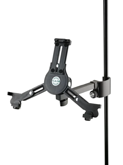 K&M universal tablet holder with black clamp-on mount, front view showing tablet grip mechanism