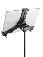 K&M universal tablet holder mic stand mount black with dimensional specifications and measurements
