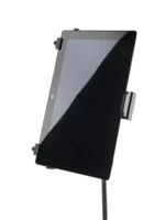 K&M universal tablet holder mic stand mount black with dimensional specifications and measurements