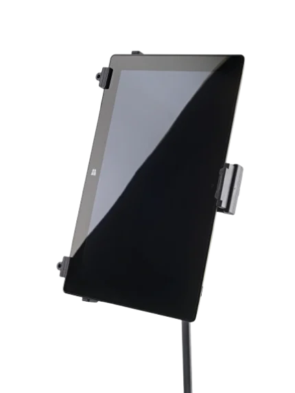 K&M universal tablet holder mic stand mount black with dimensional specifications and measurements