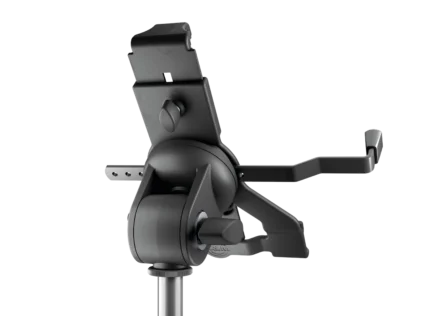 K&M universal tablet holder mounted on microphone stand, biobased black material close-up detail