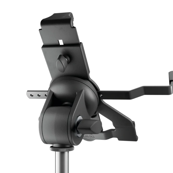 K&M universal tablet holder mounted on microphone stand, biobased black material close-up detail