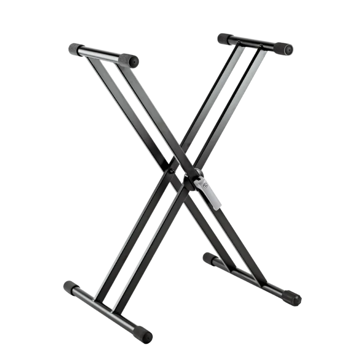 K&M X keyboard stand aluminum construction black finish front view professional