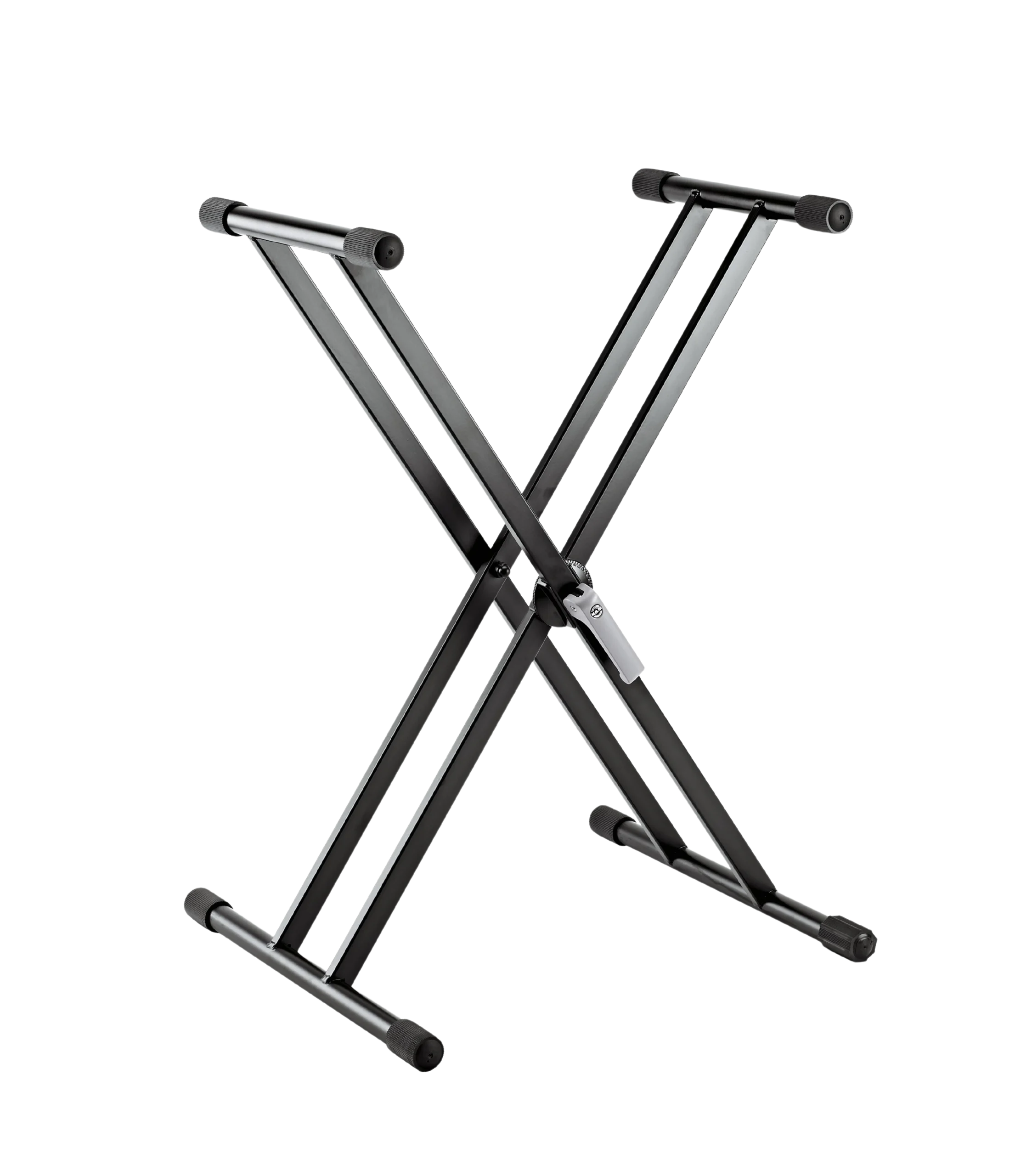 K&M X Keyboard Stand Aluminum Black Front View K&M X keyboard stand aluminum construction black finish front view professional