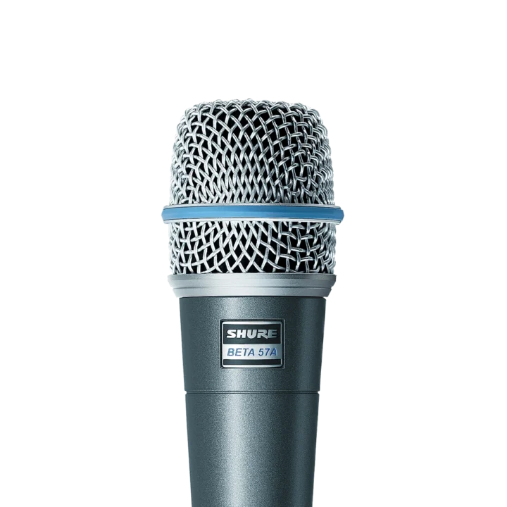Shure BETA 57A supercardioid dynamic microphone showing grille and capsule detail