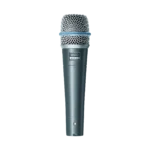 Shure BETA 57A supercardioid dynamic microphone showing capsule and grille design with professional specifications