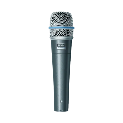 Shure BETA 57A supercardioid dynamic microphone showing capsule and grille design with professional specifications