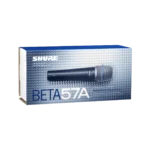 Shure BETA 57A supercardioid dynamic microphone mounted on stage during live vocal performance