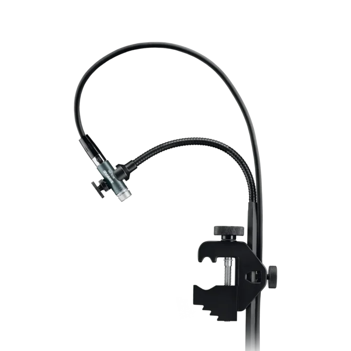 Shure BETA 98AD/C miniature cardioid condenser microphone showing capsule and mounting hardware detail