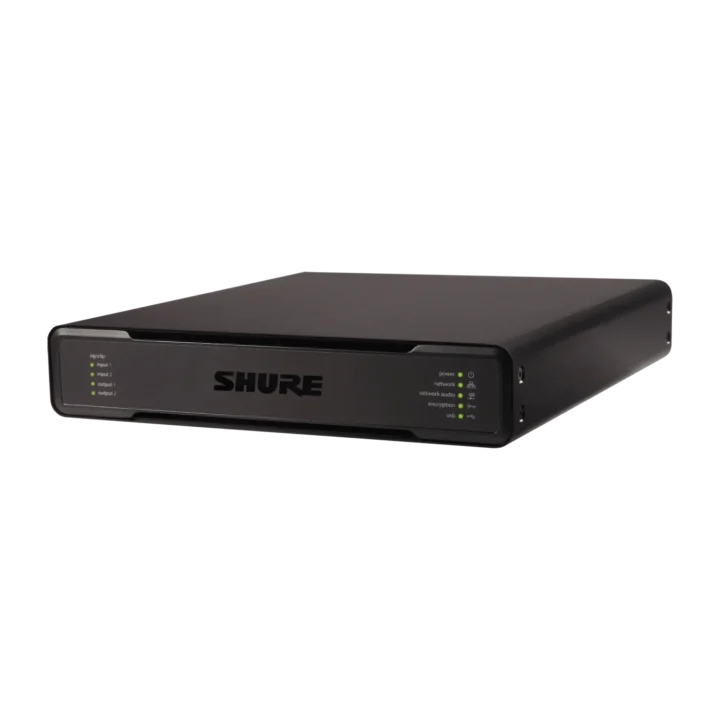 Shure IntelliMix P300 audio conferencing processor with front-facing controls and display panel