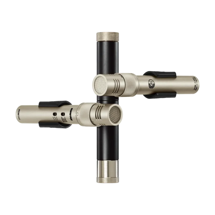 Shure KSM141 condenser microphone capsule and grille detail showing professional audio construction