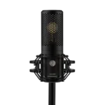 Shure KSM32C/SM professional condenser microphone mounted on studio boom arm with pop filter