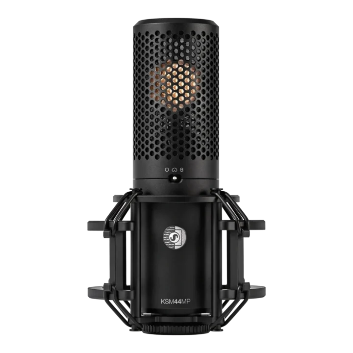 Shure KSM44MP large diaphragm condenser microphone showing capsule and grille detail