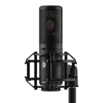 Shure KSM44MP large diaphragm condenser microphone mounted on studio stand with pop filter during vocal recording session