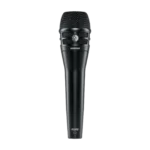 Shure KSM8/B black dynamic microphone held during live vocal performance on stage