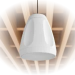 Shure MXN-6 white networked pendant loudspeaker installed in ceiling application environment
