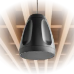 Shure MXN-6 black networked pendant loudspeaker installed in commercial ceiling application