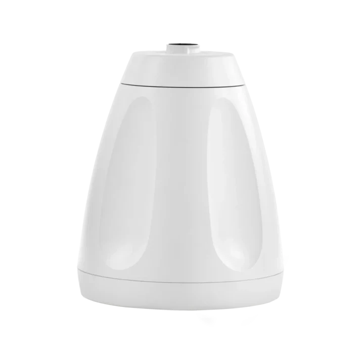 Shure MXN-6 white networked pendant loudspeaker showing mounting bracket and connector details