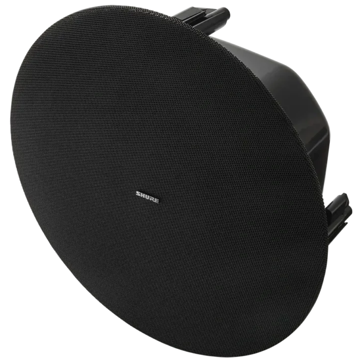 Shure MXP-5 black ceiling-mount passive loudspeaker showing grille and mounting detail