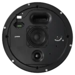 Shure MXP-5 passive ceiling loudspeaker with new construction bracket, side view showing speaker depth and mounting hardware