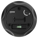 Shure MXP-6 black pendant passive loudspeaker showing mounting bracket and acoustic design details