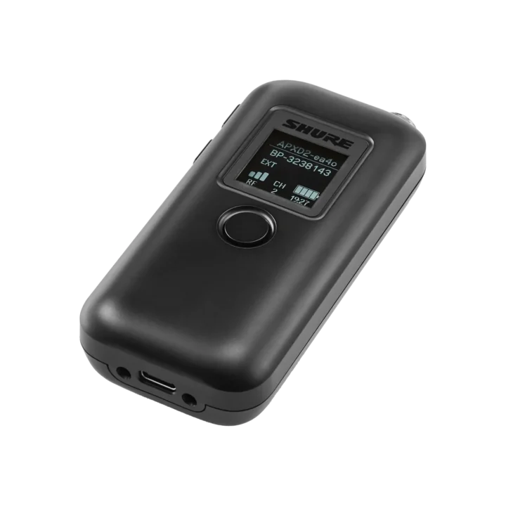 Shure MXW1X hybrid bodypack transmitter showing control interface and connectivity details