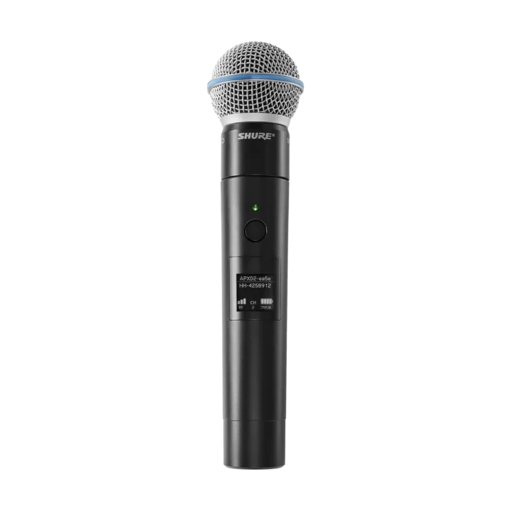 Shure MXW2X BETA58 wireless handheld transmitter showing microphone capsule and control details