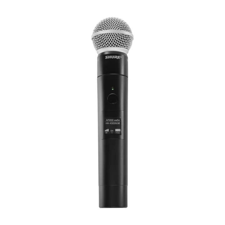 Shure MXW2X wireless handheld transmitter with SM58 capsule microphone head detail view