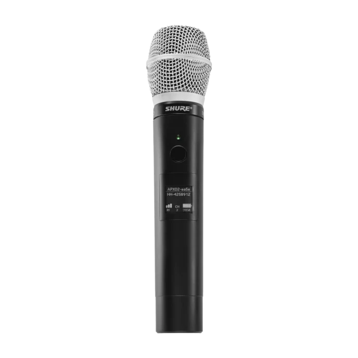 Shure MXW2X wireless handheld transmitter with SM86 capsule showing control interface and grip detail
